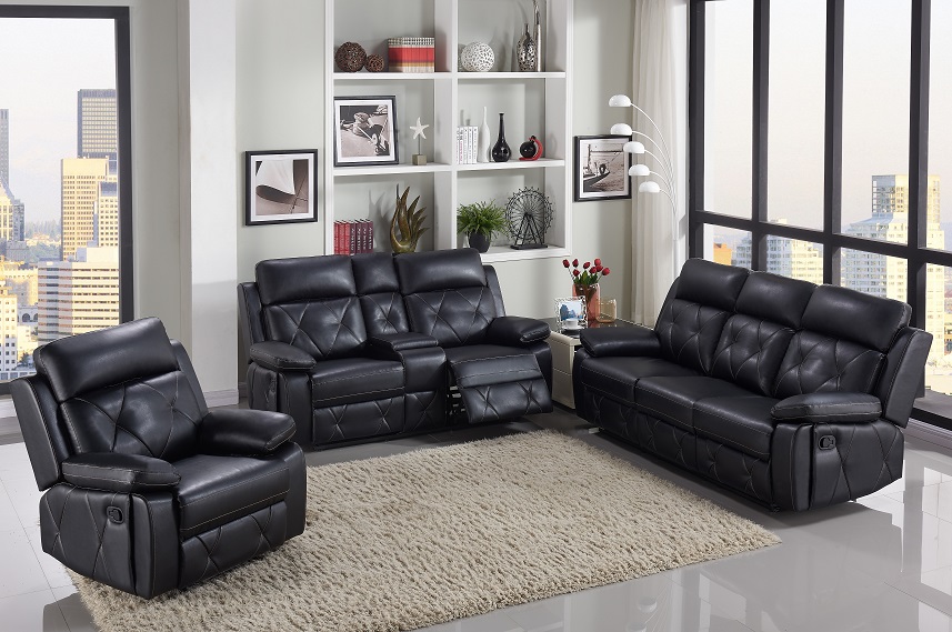 Perla Black Recliner Leather Sofa Set - Furtado Furniture